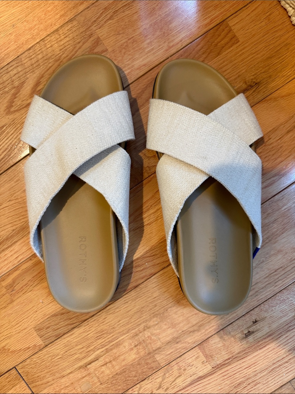 Rothy's Weekend Slide Sandals in Natural Canvas and Tan Footbed NWOB